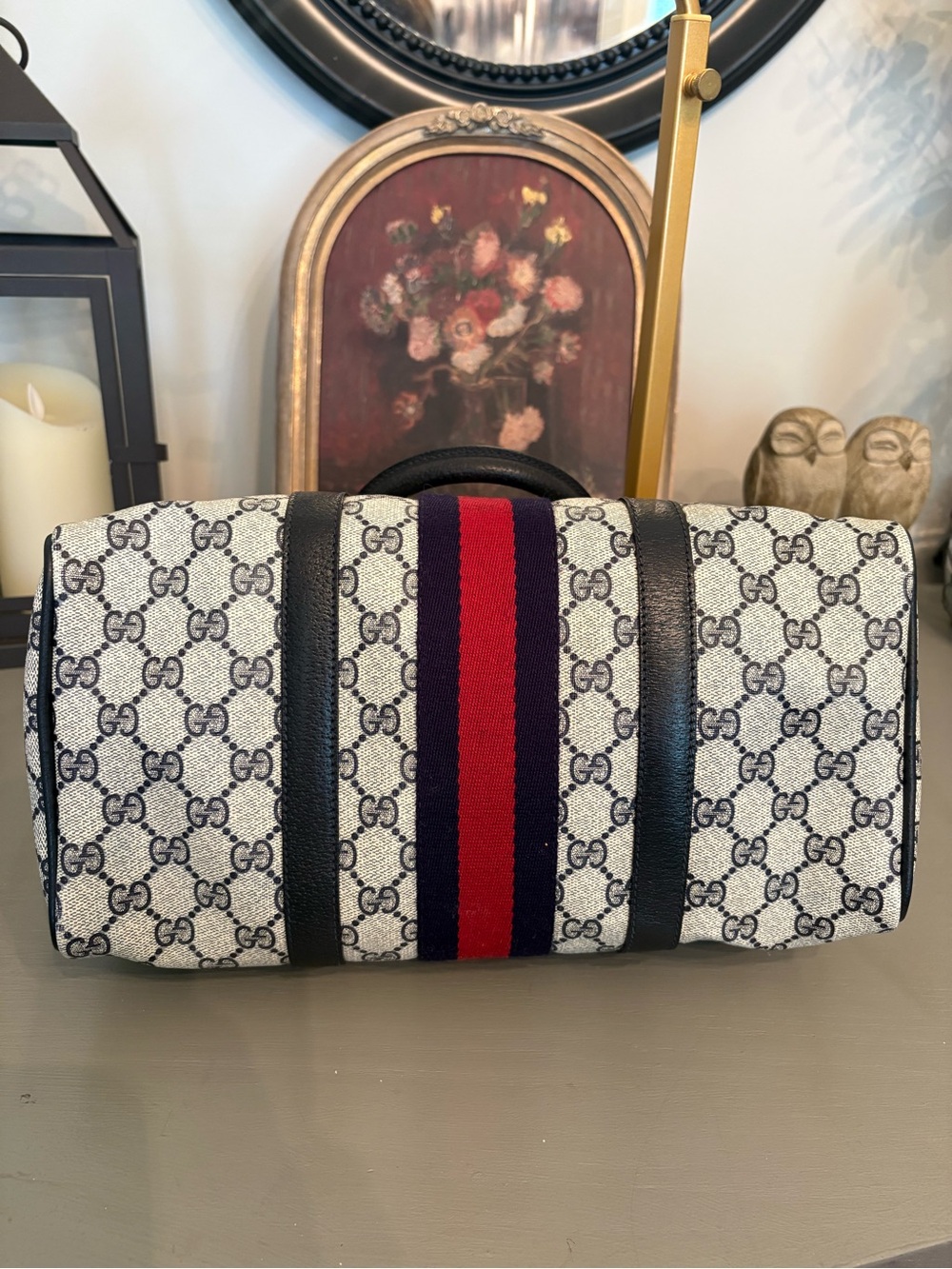 Gucci Vintage GG Supreme Mono Boston Bag-Navy/Red Web Stripe - Picture 10 of 16